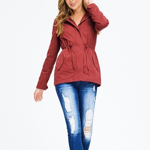 RUST RED COTTON DRAWSTRING WAIST HOODED POCKETED C - Picture 5 of 6